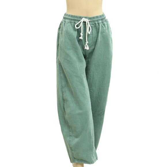 Free People Lex Barrel Pants Trousers Tapered Leg Cotton Pull On Olive L 282663 - Picture 5 of 9
